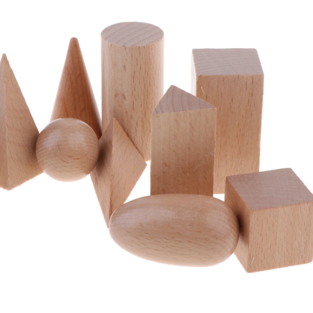 Geometric Solids Montessori Blocks - Set of 10 - Wooden 3D Shapes - Early Math Manipulative and Geometry for Kids