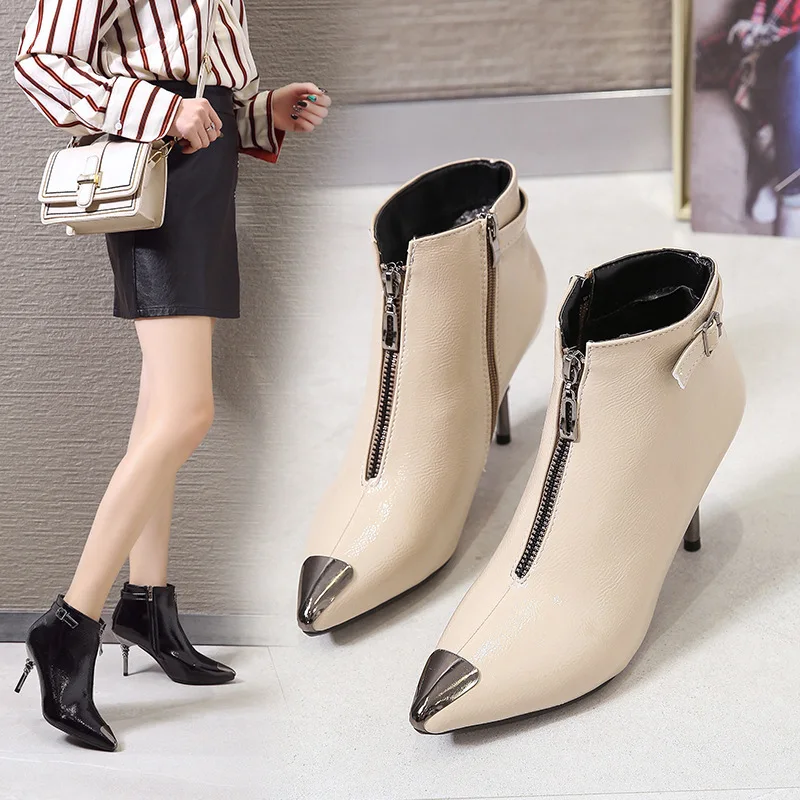 

Front Zipper Thin Heeled Short Boots Women's 2019 Autumn And Winter New Style plus Velvet Korean-style Versatile Pointed-Toe Hig