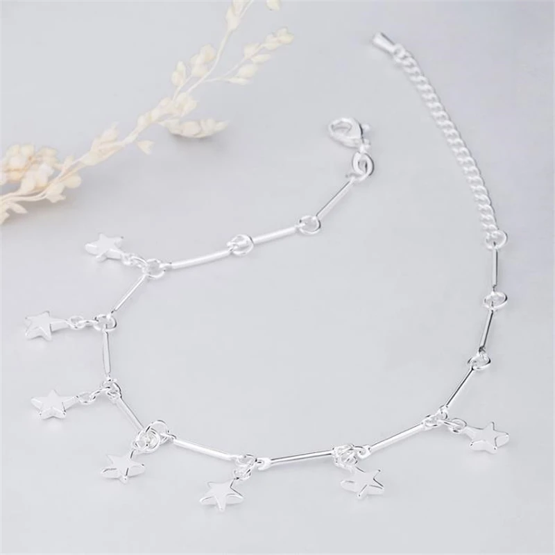 KOFSAC New 925 Sterling Silver Anklets For Women Charm Pentagram Ankles Chain Bracelets Girl Barefoot Sandal Beach Foot Jewelry