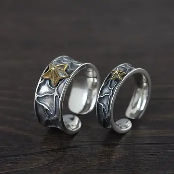

S925 Sterling Silver Vintage Thai Silver Open Ring for Men and Women Fashionable Golden Pentagram Couple Ring