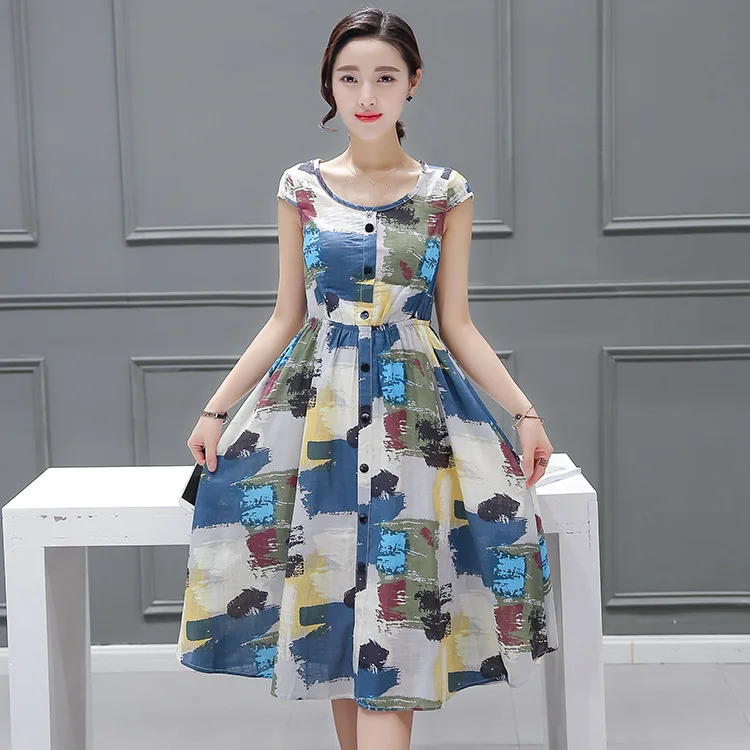 

2016 Summer New Style Short Sleeve Cotton Linen Dress Women's Dress Mid-length Printed Slim Fit Dress Fashion