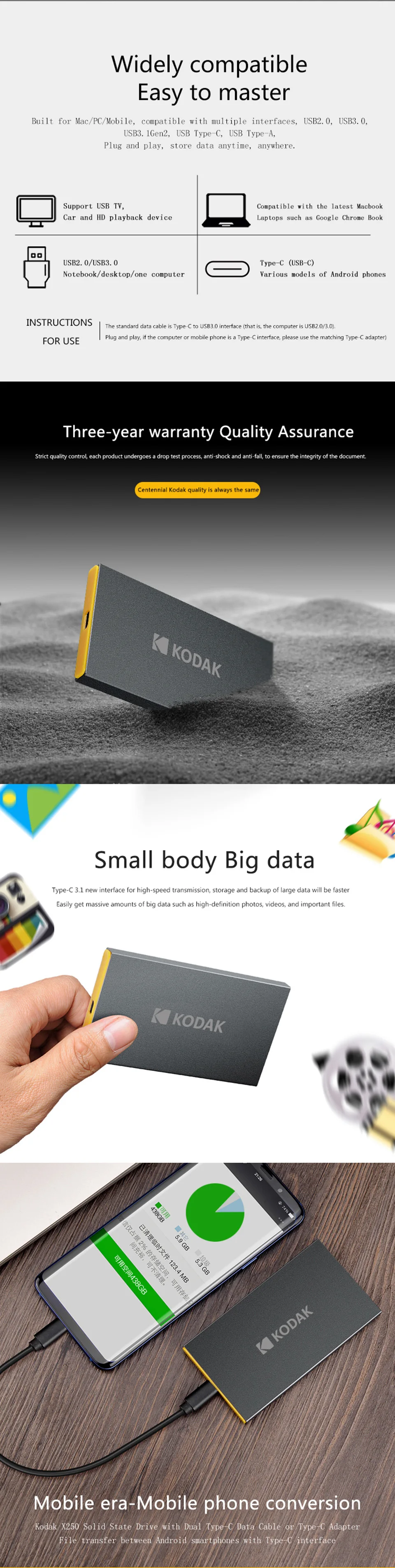 Kodak X250 внешний твердотельный накопитель 120 ГБ 240 ГБ 480 ГБ Портативный SSD Внешний жесткий диск 1 ТБ hdd для ноутбука с USB type C 3,1