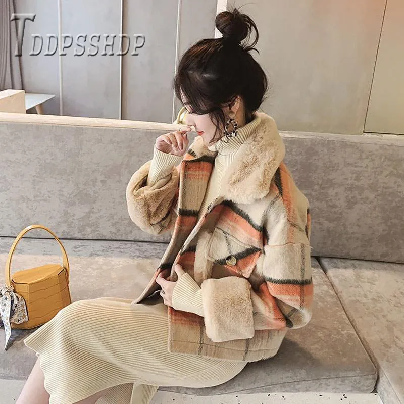 

2019 Autumn Winter Contrast Color Grid Women Coat Short Style Casual Female Jacket