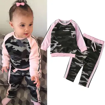 

ZWF336 Toddler Kids Girl Clothes Fashion Camouflage T-shirt Tops Pants 2PCS Outfits Clothing Set Sport Suit Children Tracksuit