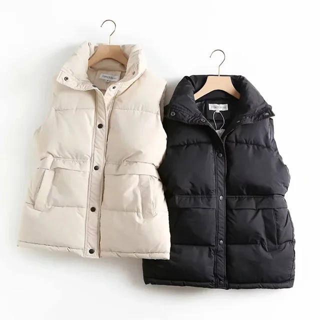 Autumn Winter Women Solid Loose Vest Drawstring Stand Collar Long Vest Jacket Cotton Padded Women Windproof Warm Waistcoat 4