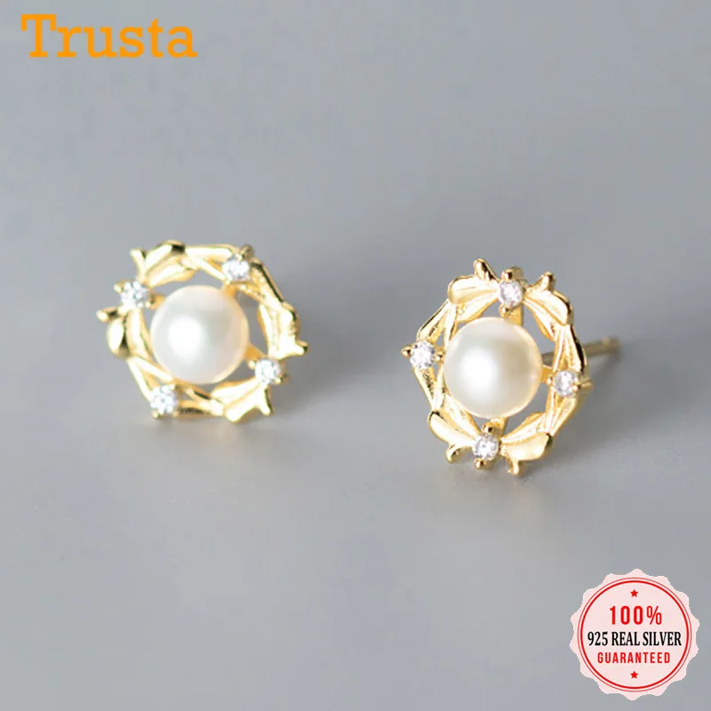 Trustdavis, настоящая мода, 925 пробы, серебро, золото, Круглый синтез, жемчуг, ослепительные серьги-гвоздики из кубического циркония для женщин, хорошее ювелирное изделие DS2436