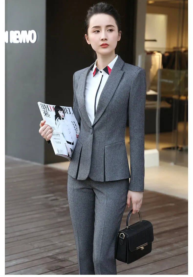 gray coat and pant IZICFLY, новинка, осень, весна, для девушек, для женщин, брюки, костюмы, для офиса, униформа, стиль, бизнес, брючный костюм, рабочая одежда, черный блейзер, набор 4XL - Цвет: gray coat and pant