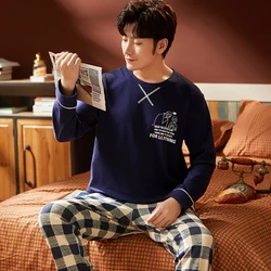 Men's Sleepwear With Plaid Pants Suit Adult Long Sleeve O-Neck Printing Sleep Tops Cotton Lounge Two Piece Set Home Wear Pajamas