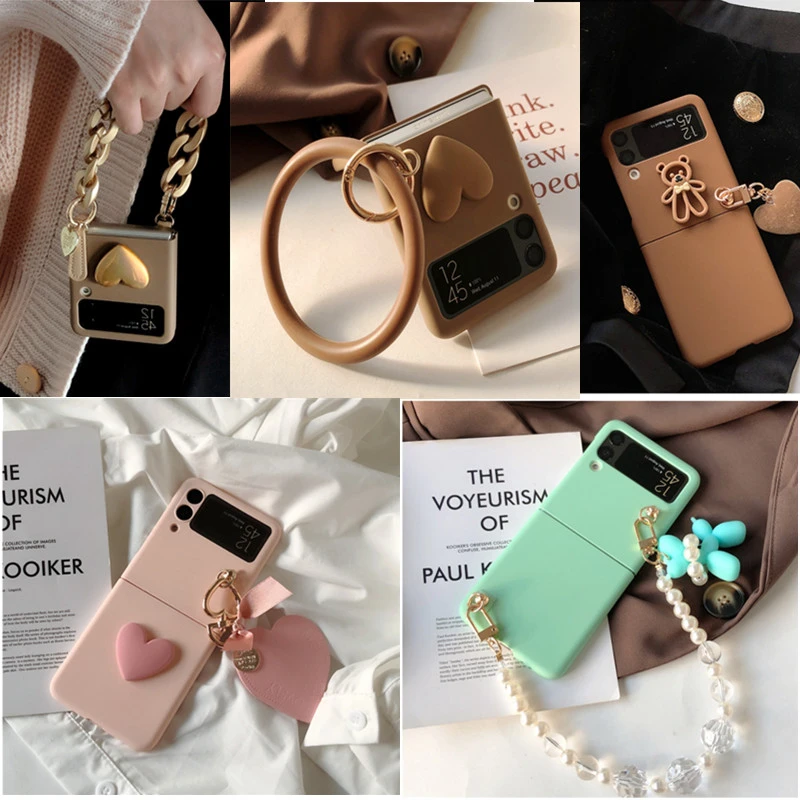 Fashion Cute Cartoon Heart Pearl Dog Bracelet PC Phone Case For Samsung Galaxy Z Flip 4G 5G Flip3 Case Z Flip4 Z Flip 3 Capa samsung galaxy z flip3 phone case