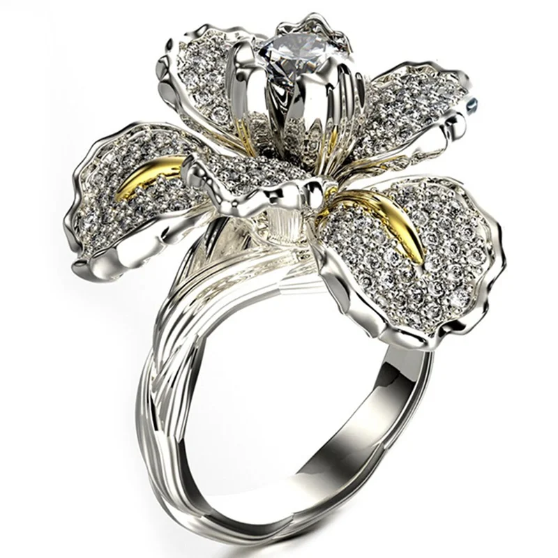Luxury High Quality Blue Crystal Blooming Flowers Ring CZ Zircon Stone Engagement Ring Elegant Wedding Rings For Women