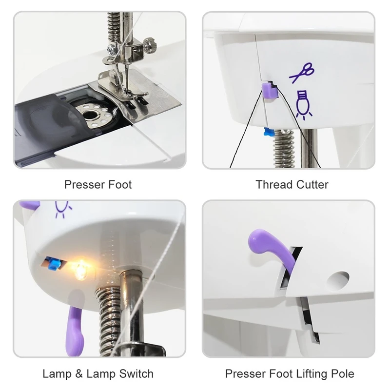 Мини-швейная машина, AU Plug портативная электрическая швейная машина с лампой и резцом для резьбы, высокая и низкая скорость, аккумулятор или адаптер