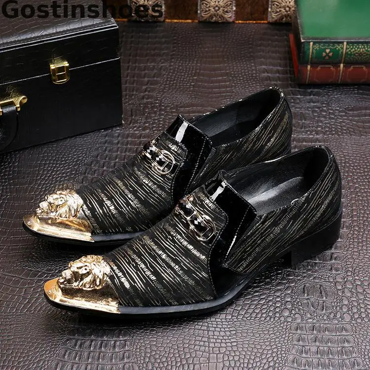 

Black Men Genuine Leather Shoes Golden Metal Capped Toe Pointed With Golden Strips Decoration Men Casual Oxfords Slip-on