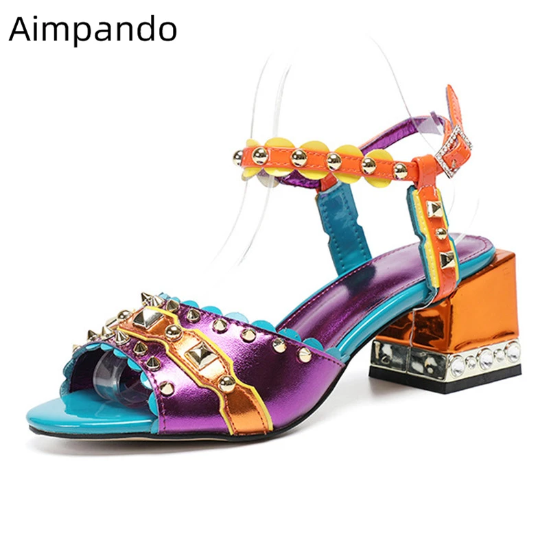 

Mixed Color Ankle Strap Gladiator Sandals Women Jeweled Square Heel Open Toe Rivet Rhinestone Patchwork Summer Shoes Woman