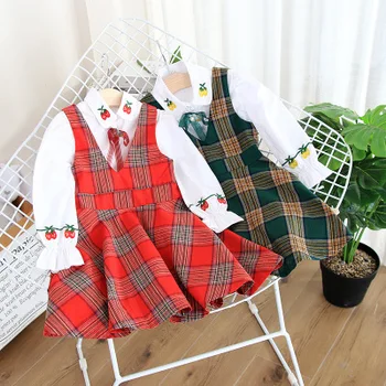 

Spring and Autumn Girls Clothing Long Sleeve Plaid Clothes Toddler Girl Red Plaid Elegant vintage Dress Children Clothes