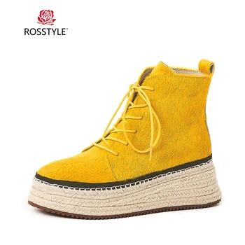 

ROSSTYLE Handmade Woman Winter Warm Ankle Boots High Quality Round Toe Thick Heel Shoes Solid Lace-up Casual Soft Lace-up Boots