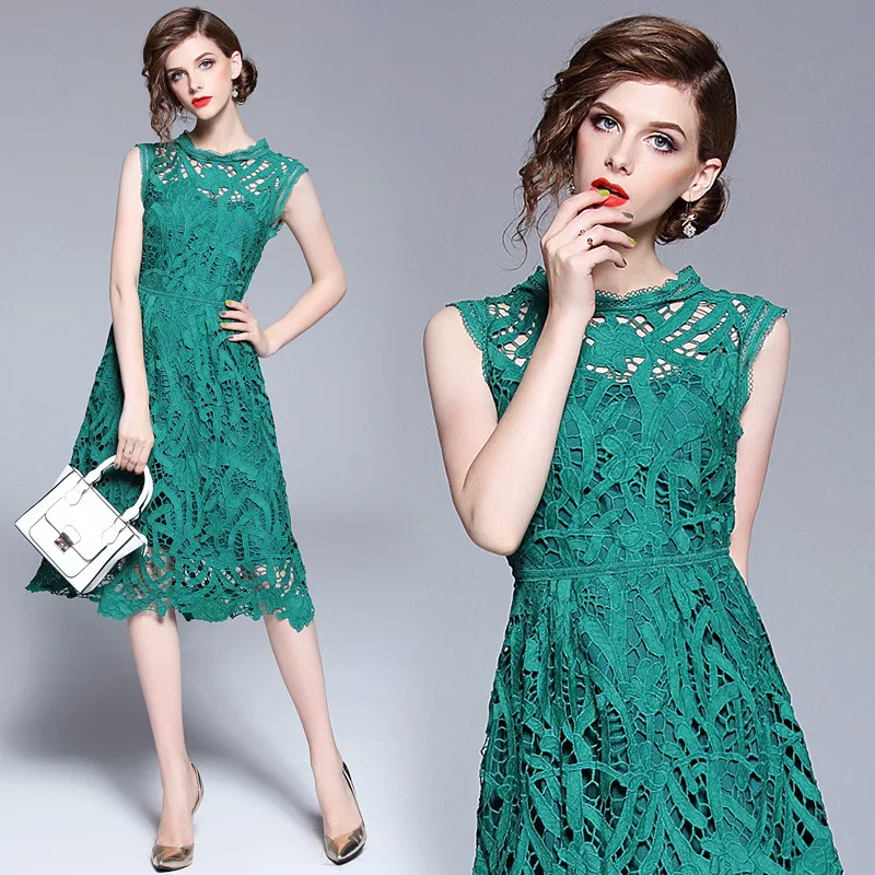 

Photo Shoot 3871-Europe And America Summer New Style Hollow out Dress Solid Color Crew Neck Sleeveless Slim Fit Lace A- line Ski