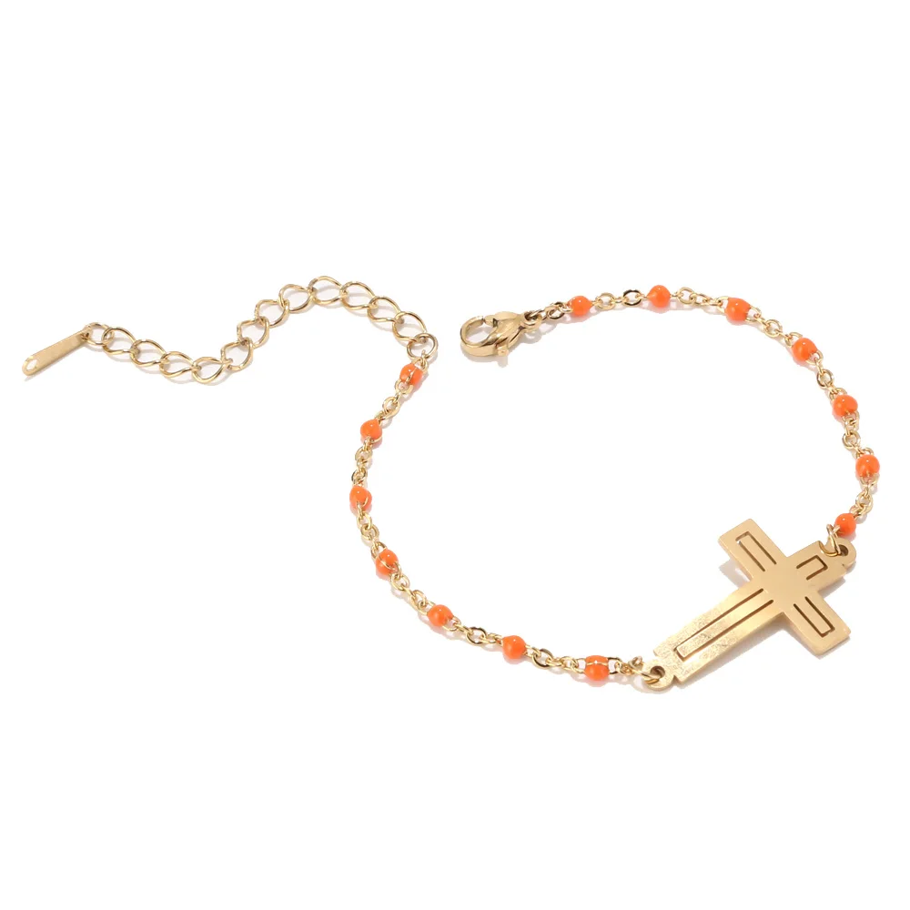 Нержавеющая сталь крест Золотая цепь регулируемый браслет с бусинами из нержавеющей стали бисерные женские браслеты для женщин христианские подарки - Окраска металла: Gold Orange