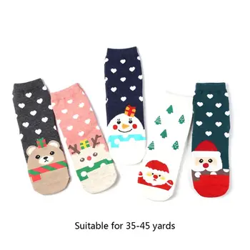 

5 Pairs Christmas Women Cute Cartoon Santa Snowman Print Crew Sock New Year Gift D08E