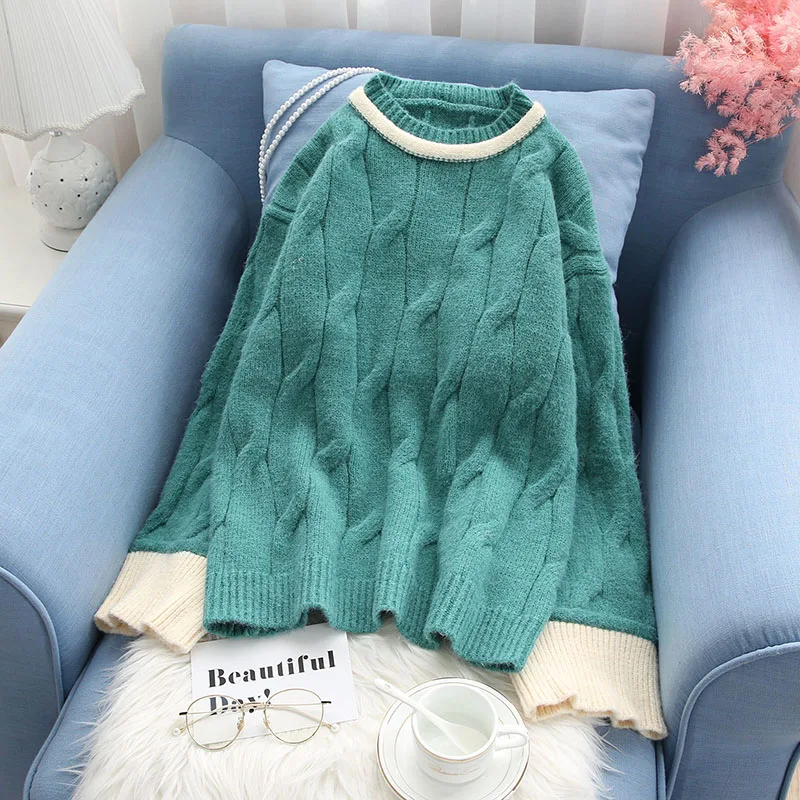 

twisted women sweaters and pullovers o-neck flare sleeved loose thicken warm female causal pulls outwear coat tops