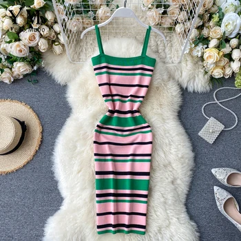 

YuooMuoo Dress Women Summer 2020 New Korean Style Chic Striped Bodycon Dress Slim Stretch Knit Spaghetti Strap Dress Sundress