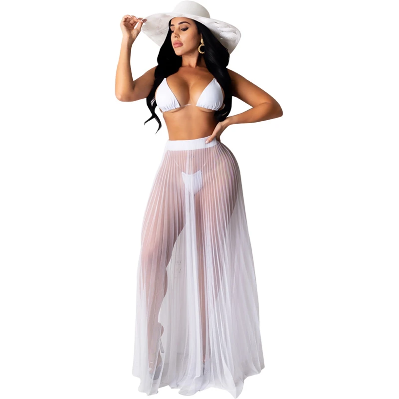 Adogirl Women Sexy Summer Beach Suit Bikini Set Sheer Mesh Pleated Maxi Skirt Female Fashion Bathing Suit Can Be Sold Separately