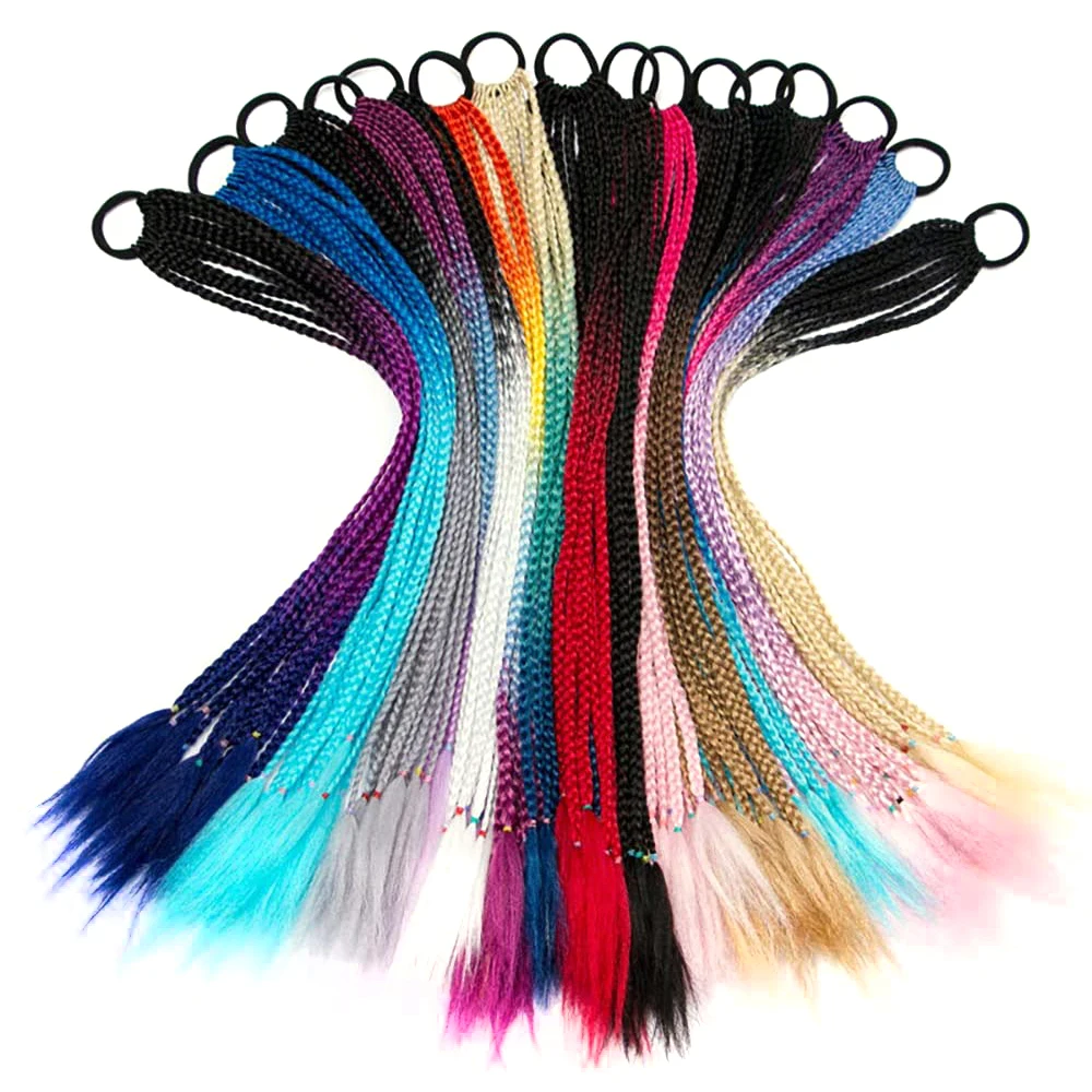 Clip In Ponytail Hair Extension Synthetic Ponytail Synthetic Hair Accessories Clip In Ponytail Extensions Synthetic Ombre Red Blue Pink Rainbow Overhead Tail Colorful Box Braids Ponytail with Elastic Band False Pigtail
