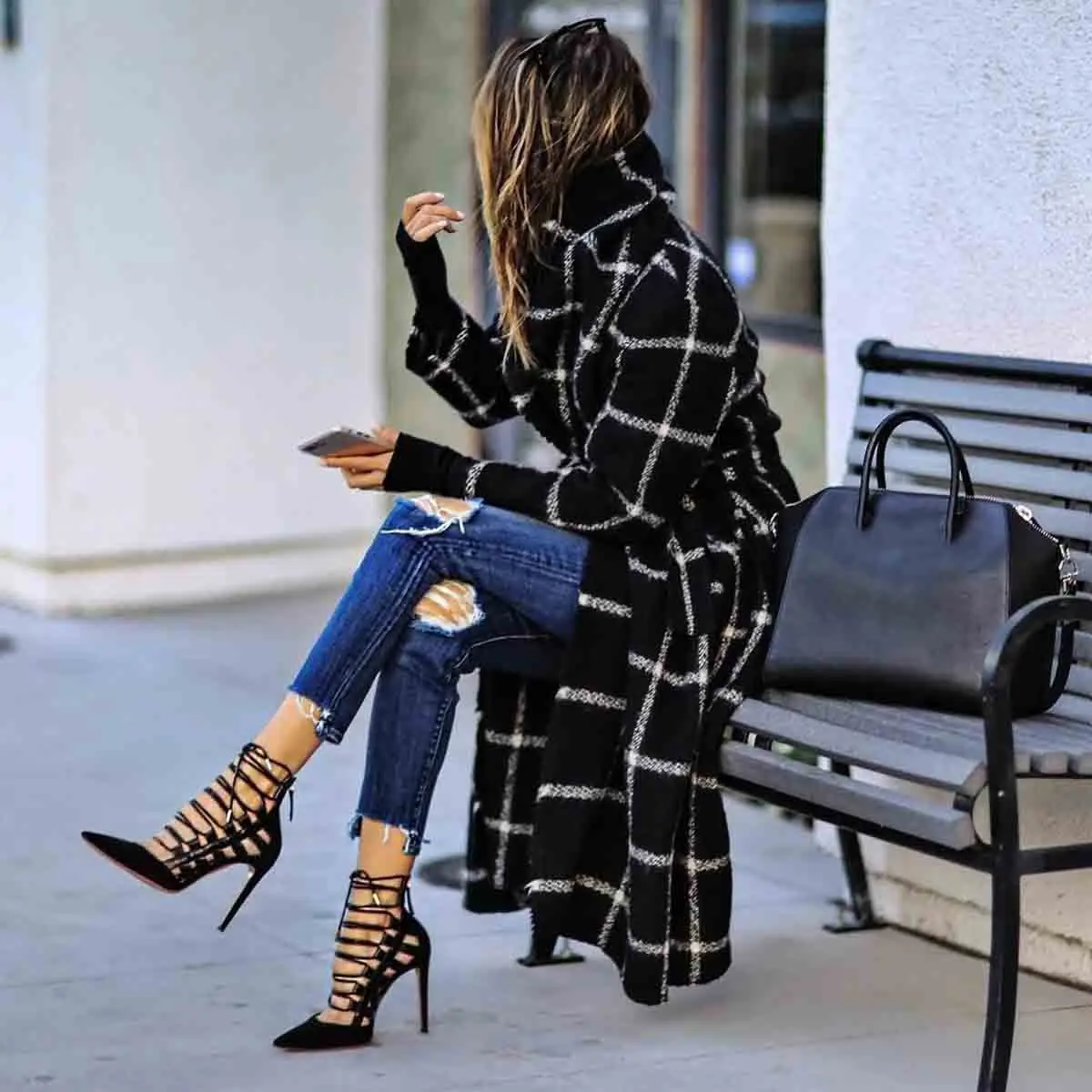 Осень Зима Тренч Куртка женская повседневная черная белая клетчатая куртка