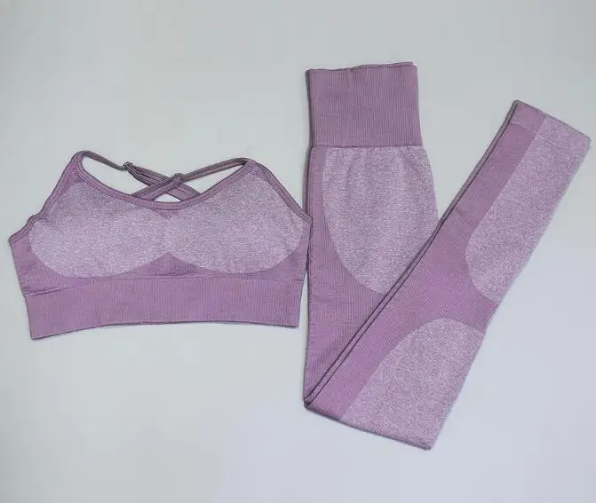 Новейший женский бесшовный комплект для йоги, фитнес-спортивные костюмы для спортзала, йоги, майка с поясом, бюстгальтер, топы с высокой талией, леггинсы для бега, штаны для тренировок+ бюстгальтеры - Цвет: Фиолетовый