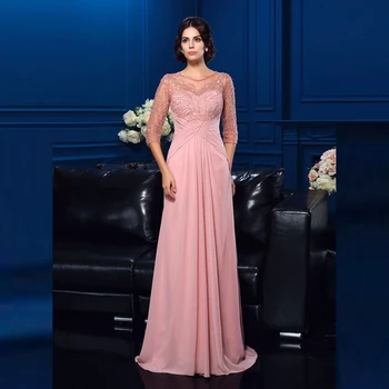 

Latest Graceful Pink Chiffon Beading Bodice Mother of the Bride Dresses Jewel Neck Three Quarter Sleeves Wedding Party Gowns