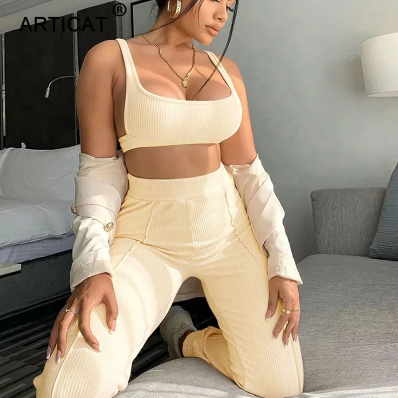 Articat Bodycon Spaghetti Strap Backless Two Piece Set Women Casual Sleeveless Top and Long Trouser Solid Clubwear Tracksuit Articat Bodycon Spaghetti Strap Backless Two Piece Set Women Casual Sleeveless Top and Long Trouser Solid Clubwear Tracksuit