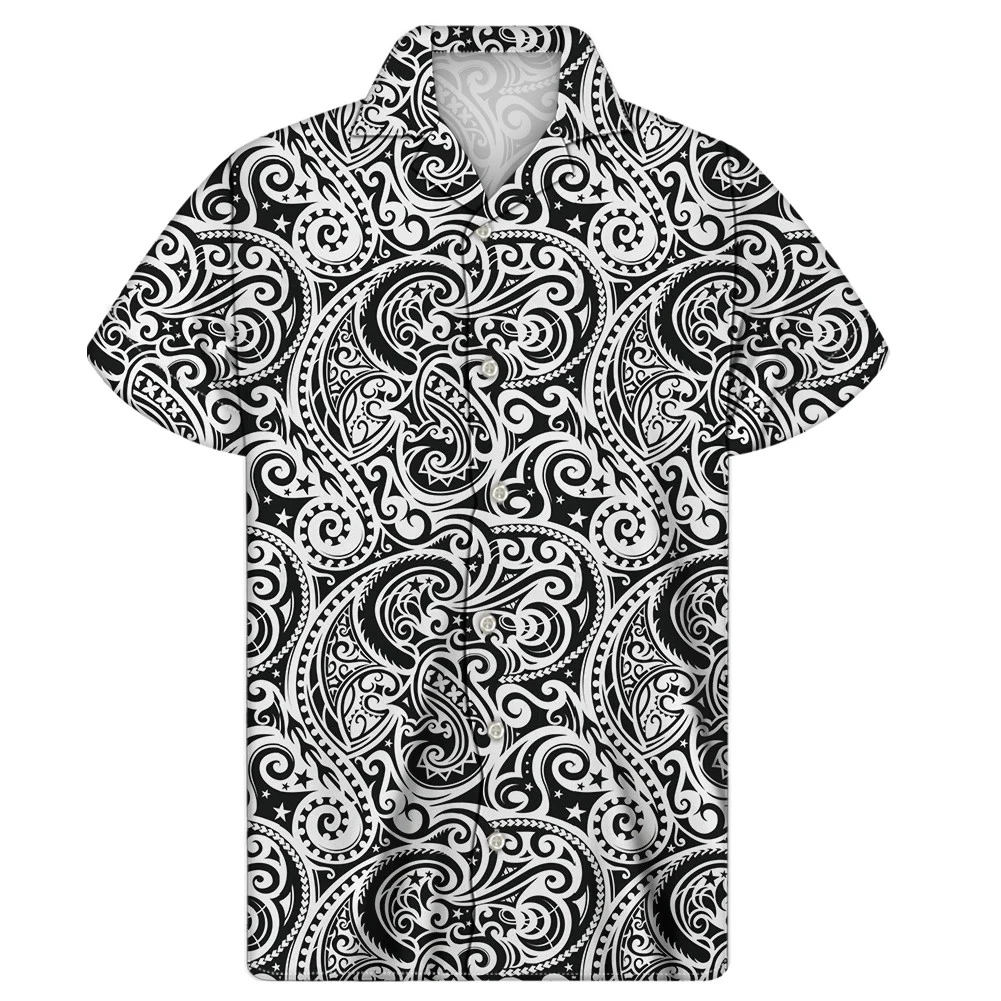 

WHEREISART Polynesian Traditional Tribal Print Male Soft Clothing Leisure Summer Button Down Hawaiian Shirt Tun-down Collar Top