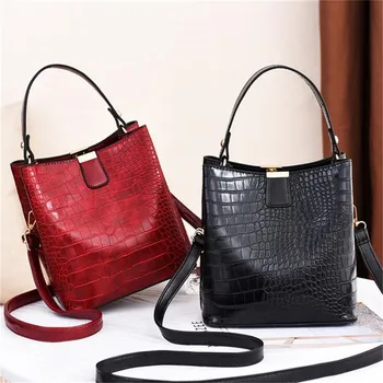 

Bucket Bags Women Crocodile Pattern Handbag Capacity Casual Crocodile Shoulder Messenger Bags Ladies PU Purse