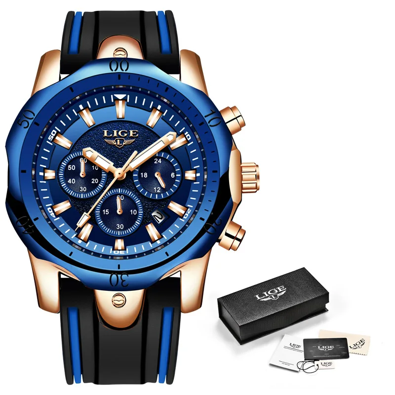 Rose Blue LIGE спортивные наручные часы Мужские Роскошные водонепроницаемые Relogio Masculino модные брендовые военные мужские наручные часы кварцевые Силиконовые синий+ коробка - Цвет: Rose Blue