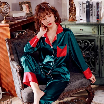 

New Autumn Winter Women Faux Silk Pajamas Set Simple Pure Color Causal Nightwear Suit Long Sleeve Stain Pyjama Women's Sleepwear