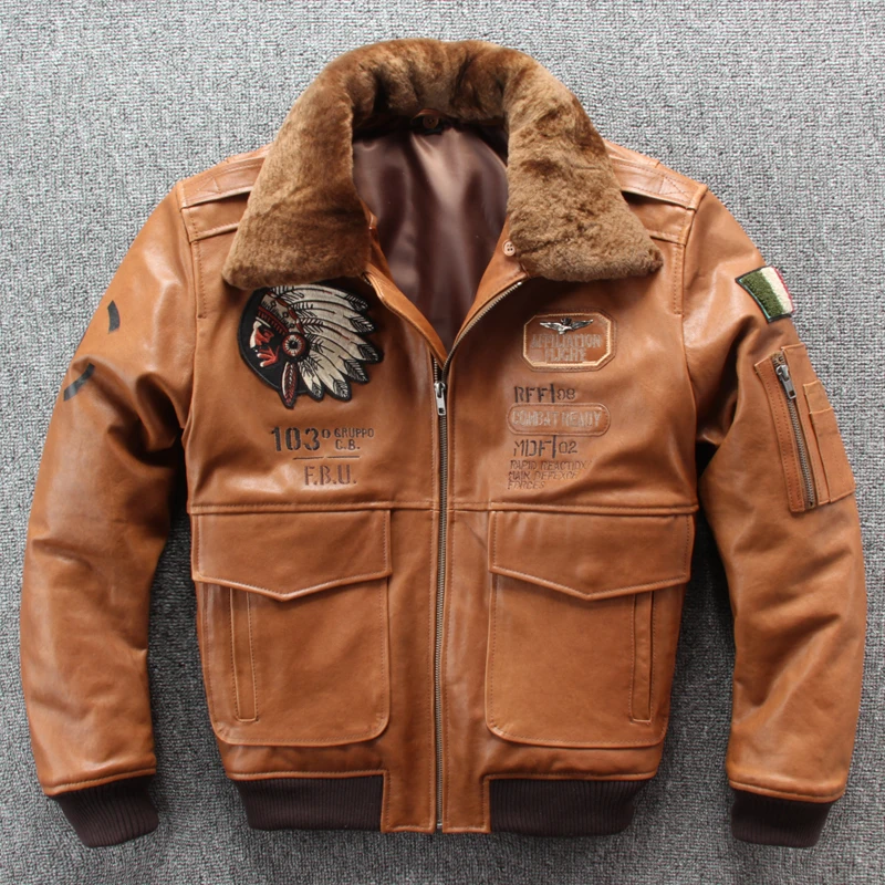 

2020 Brown Men Military Pilot Leather Jacket Plus Size XXXXL Wool Collar Genuine Sheepskin Autumn Aviator Leather Coat