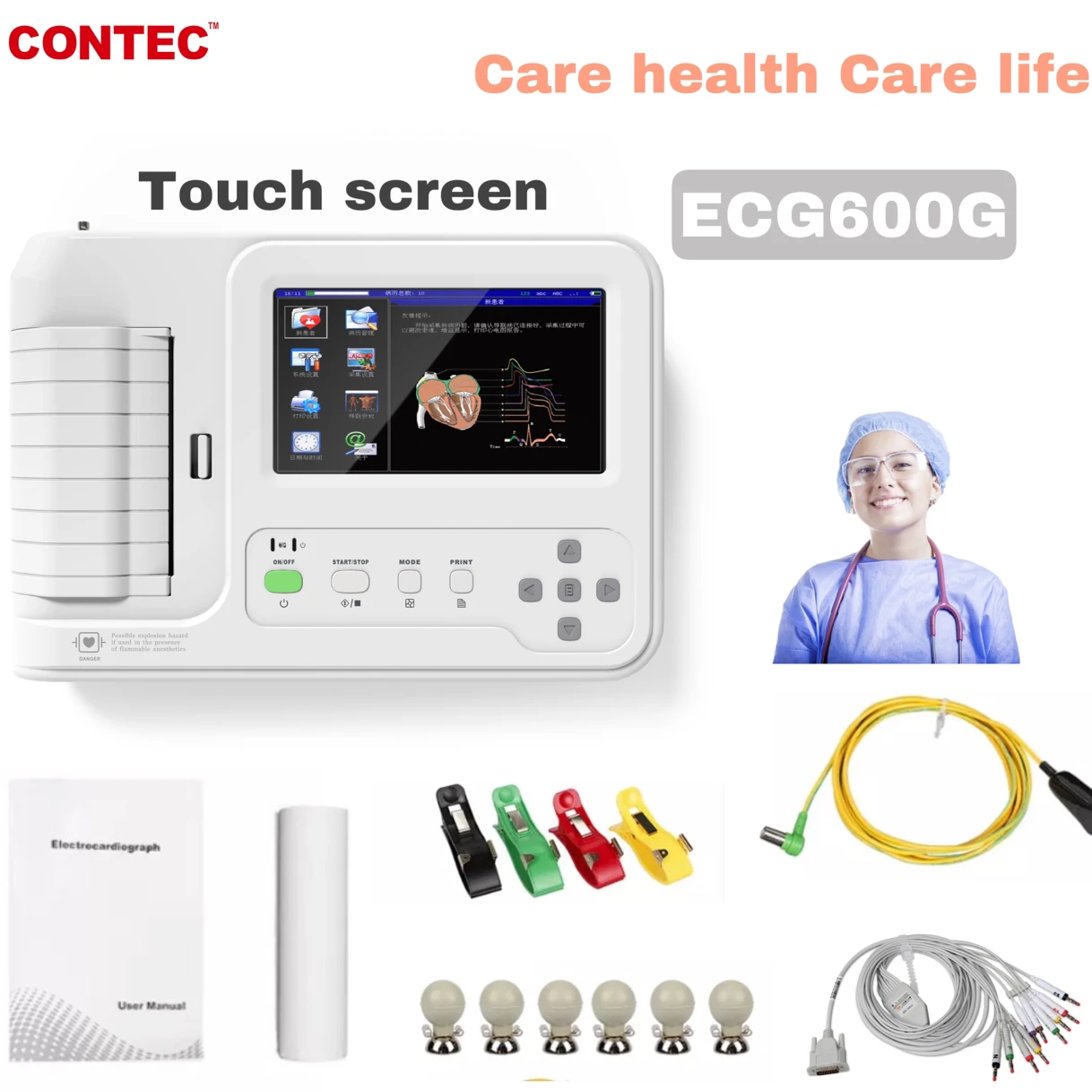 CONTEC NEWEST LCD Touch Screen 12-Lead Electrocardiograph Resting ECG ECG600G
