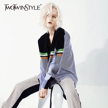 

TWOTWINSTYLE Irregular Womens Shirts V Neck Lantren Long Sleeve Loose Patchwork Knitted Blouse Female Spring 2020 Casual Fashion