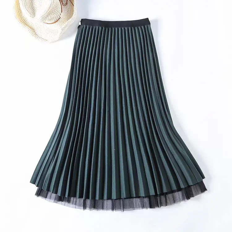 Черная, серая, зеленая, кофейная, эластичная, эластичная, высокая талия, миди, плиссированная, линия, шерсть, сетка, юбка для женщин, женские юбки, saias