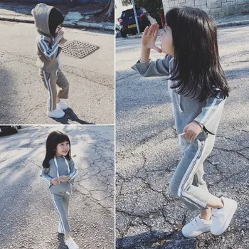 

two piece baby girls outfits hooded sweatshirt + track pants suit stripes knitted tracksuit kids clothes 2 to 7 yrs MY759061