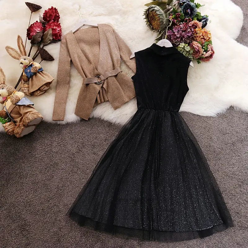 

autumn new women's V collar long sleeve irregular sweater high collar bright silk knit mesh dress two piece sets female suits