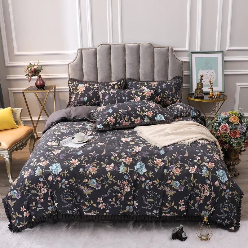 

Chic Ruffles Edge Botanical Flowers Duvet Cover Set Soft Breathable Cotton Bedding set Bed sheet set Pillowcase Queen Full size