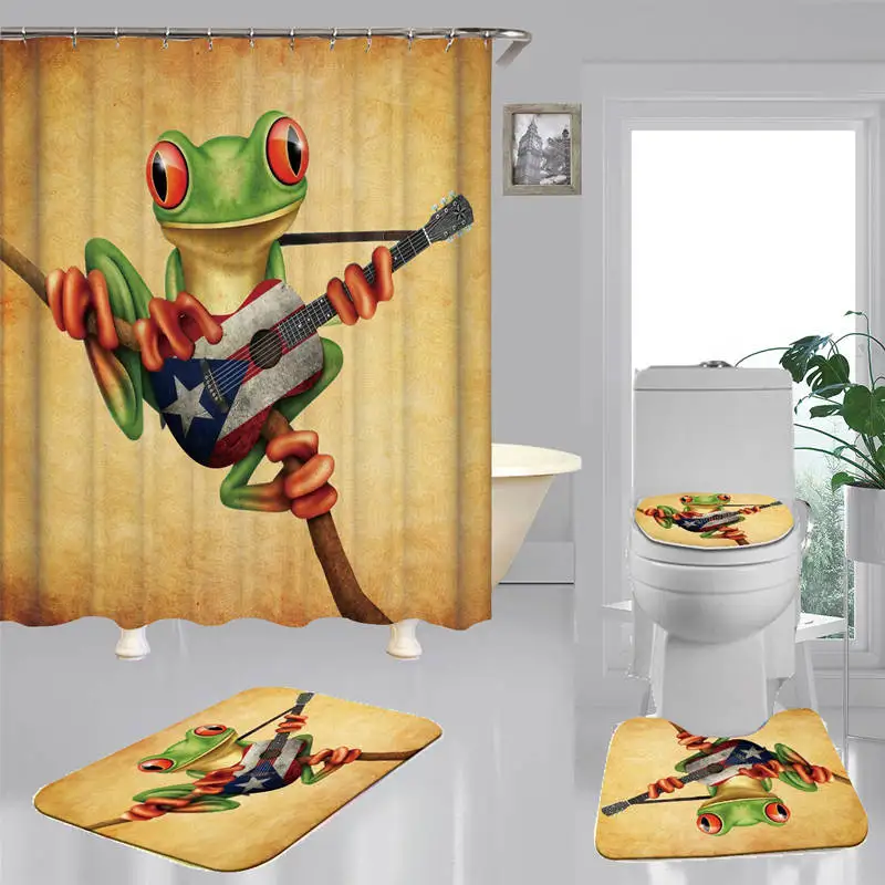 

Polyester Fabric Shower Curtain Guitar Frog Non-Slip Bath Mat Toilet Cover Rugs Funny Home Bathroom Decor Set