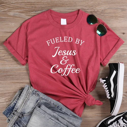 Футболка ONSEME Fueled By Jesus& coffee Женская религиозная, христианская, графическая, женская, Мотивационная, библейская, стиховая, церковная, футболки - Цвет: HeatherRed-White