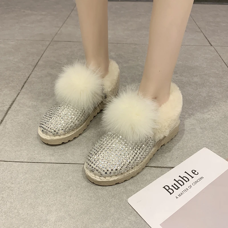 

2019 Winter Women Plush Lining Crystal Fur Snow Boots Low Heels Slip-on Silver Australia Emu Boots Fashion Cotton Shoes