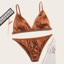 Комплект нижнего белья для женщин с буквенным принтом атласные стринги беспроводной v-образный вырез бюстгальтер женское белье комплект Ropa Interior Femenina бюстгальтер и трусики Комплект