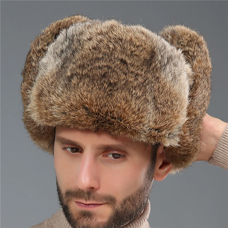 Rabbit Fur Hat Winter Fur Hat Thickened Warmth and Cold-proof Outdoor Cotton Ear Cap Rabbit Fur Cap Earflap Men Snow Caps brown leather bomber hat