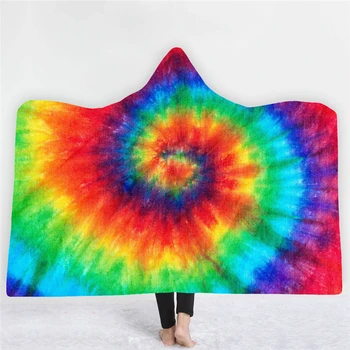 

Rainbow Dyeing Colorful Winter Hooded Blanket Geometric Pattern Sofa Bed Fleece Fabric Wearable Blanket Super Soft Throw Cover