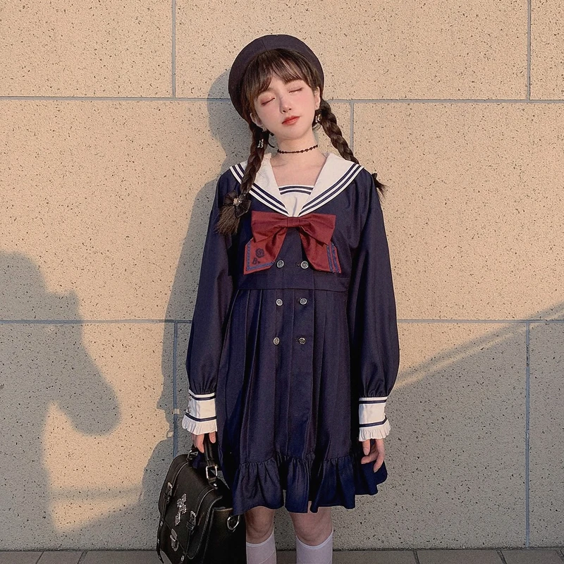 

Princess sweet lolita dress Bobon21 Navy wind college JK uniforms high waist dress embroidered Pleated Dress fashion women C1859