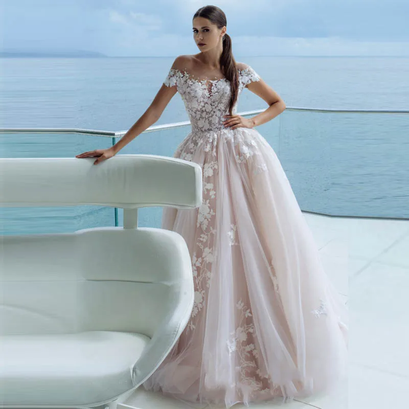 Verngo бальное свадебное платье роскошное кружевное свадебное платье с аппликацией с открытыми плечами Элегантное свадебное платье розовый брюйдсюркен - Цвет: Розовый
