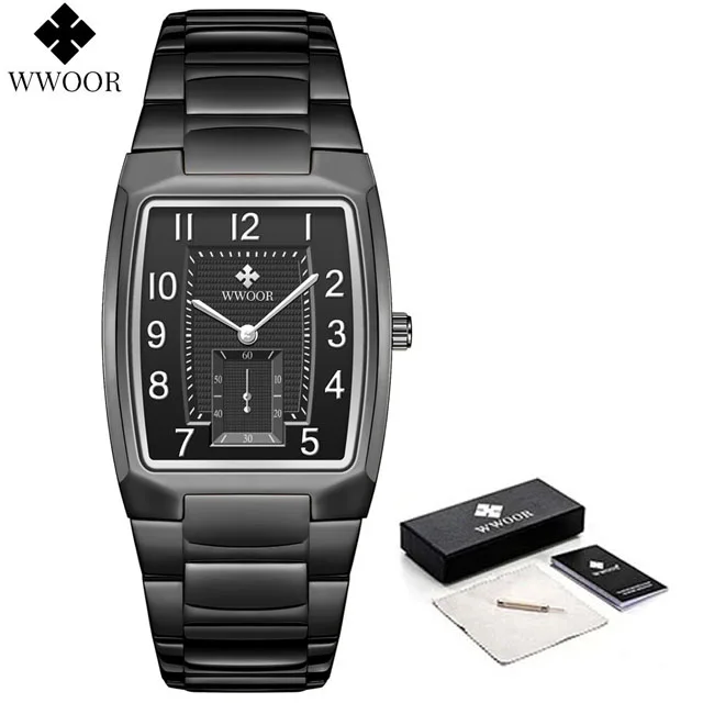 WWOOR Top Brand Luxury Fashion Stop Watches Mens 30ATM Waterproof Square Clock Casual Watch Mens Quartz Wrist Watch Reloj Hombre Black black box